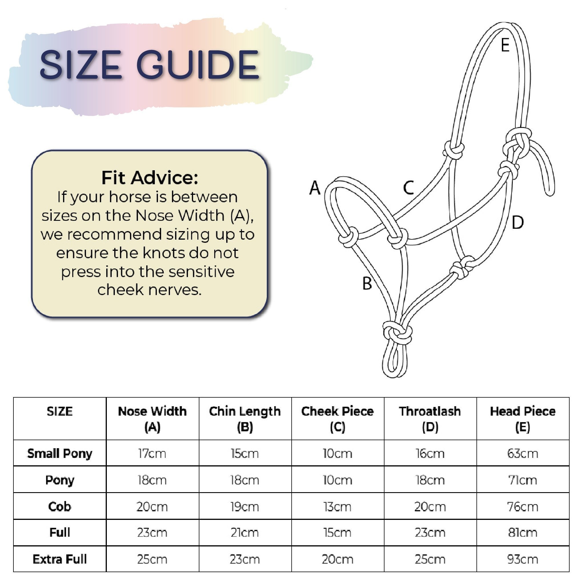 Ponies and Pups All Weather 6mm Rope Halter size guide with diagram and measurement chart.