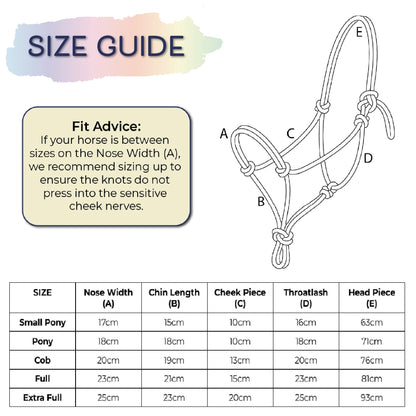 Ponies and Pups All Weather 6mm Rope Halter size guide with diagram and measurement chart.