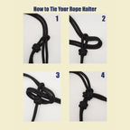 Ponies and Pups All Weather 6mm Rope Halter, black, showing step-by-step tying instructions.