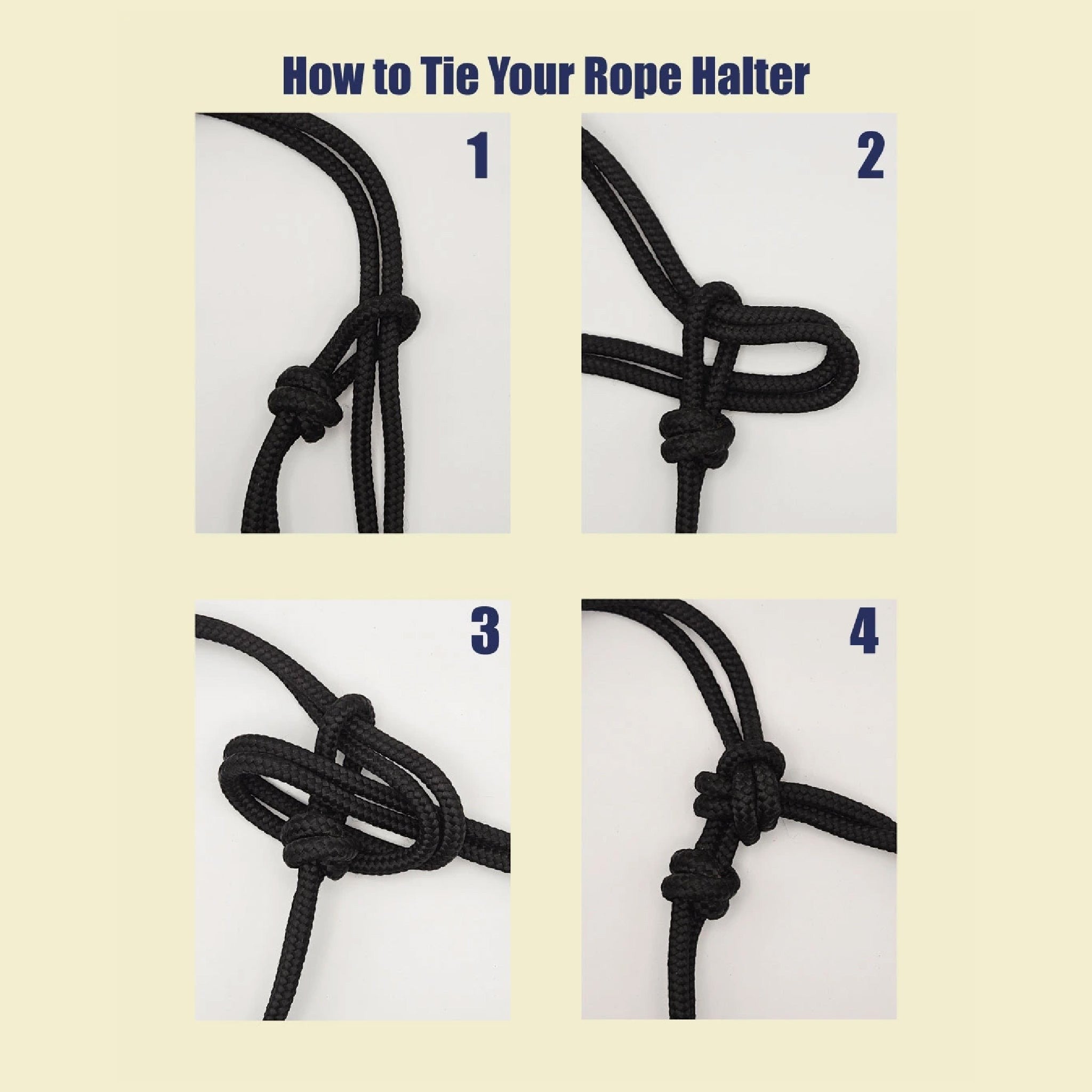 Ponies and Pups All Weather 6mm Rope Halter, black, showing step-by-step tying instructions.