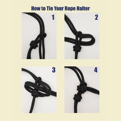 Ponies and Pups All Weather 6mm Rope Halter, black, showing step-by-step tying instructions.