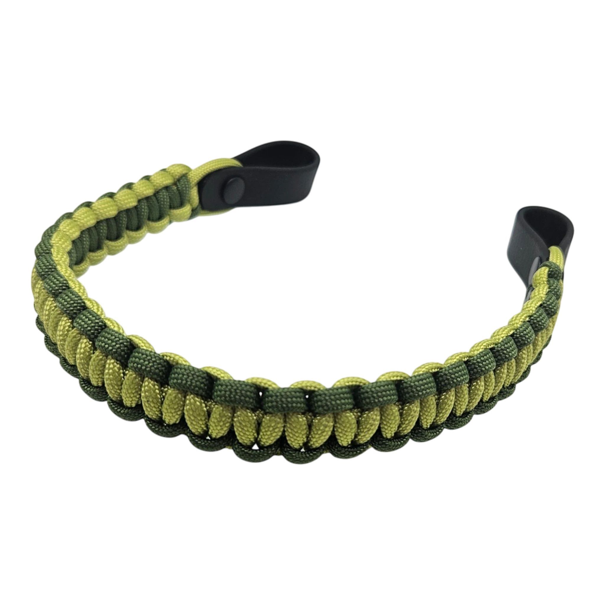 Ponies and Pups custom two-tone olive and lime green paracord browband with durable black BioThane end loops.