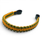 Ponies and Pups custom two-tone green and yellow woven paracord browband with durable black BioThane end loops.