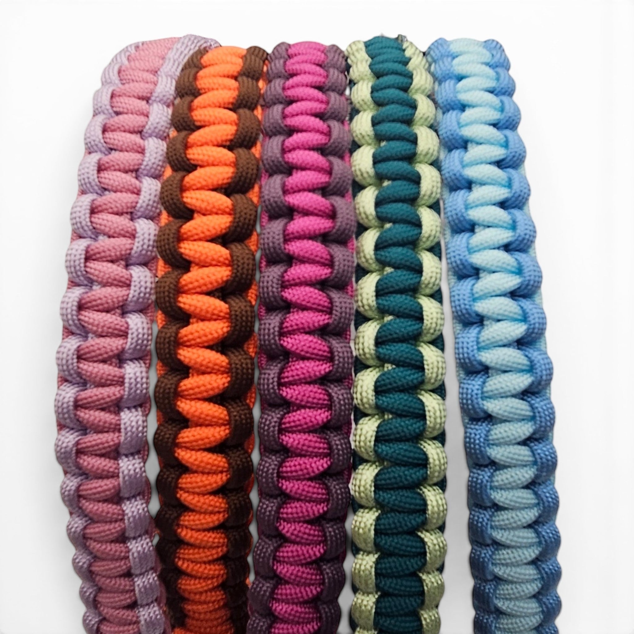 Ponies and Pups custom two-tone woven paracord browbands in various vibrant colour combinations for equestrian tack