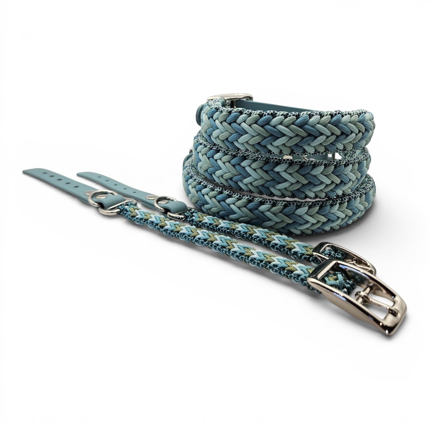 Ponies and Pups Wilmington handmade braided dog collar in blue and green tones, made from weatherproof BioThane and rope.