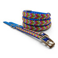 Ponies and Pups Wilmington handmade braided dog collar in blue with pink, yellow, and light blue accents. Weatherproof BioThane.