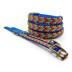 Ponies and Pups Wilmington handmade braided dog collar in blue with pink, yellow, and light blue accents. Weatherproof BioThane.