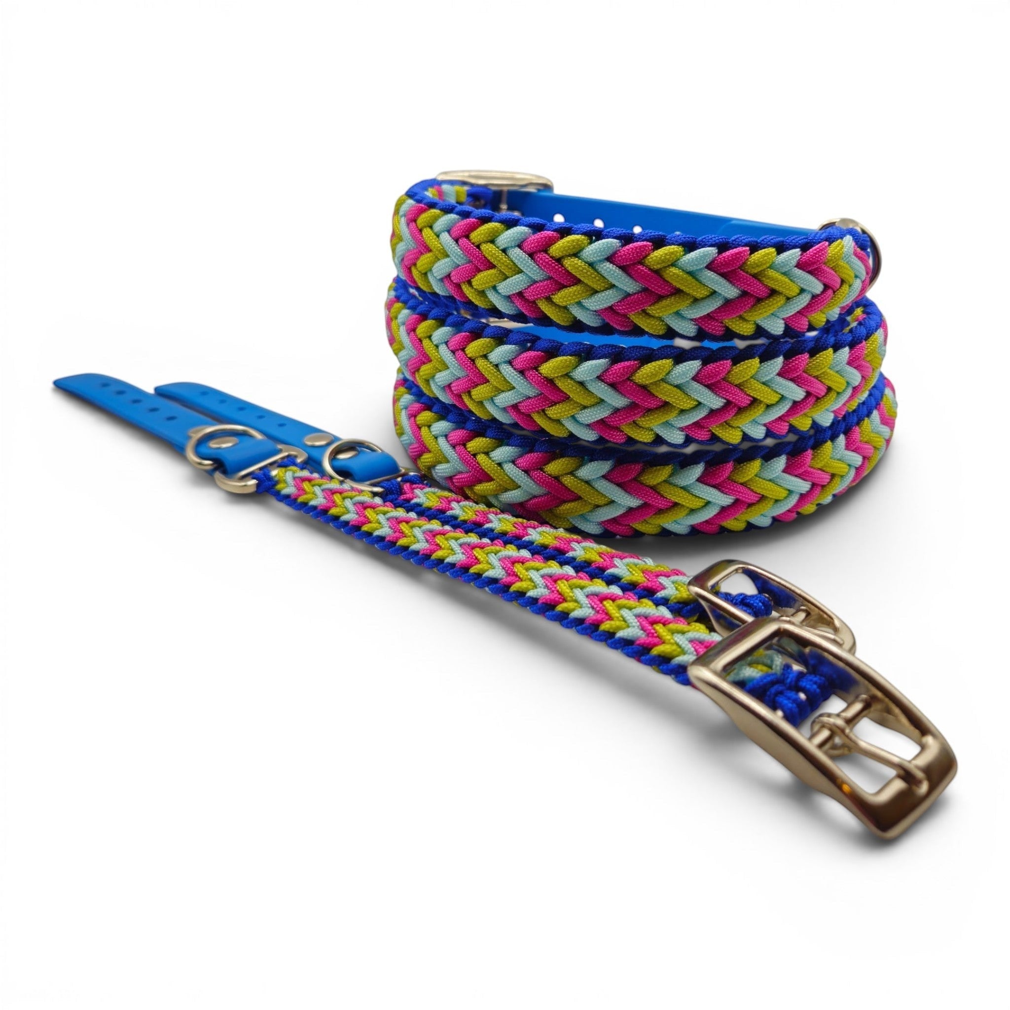 Ponies and Pups Wilmington handmade braided dog collar in blue with pink, yellow, and light blue accents. Weatherproof BioThane.
