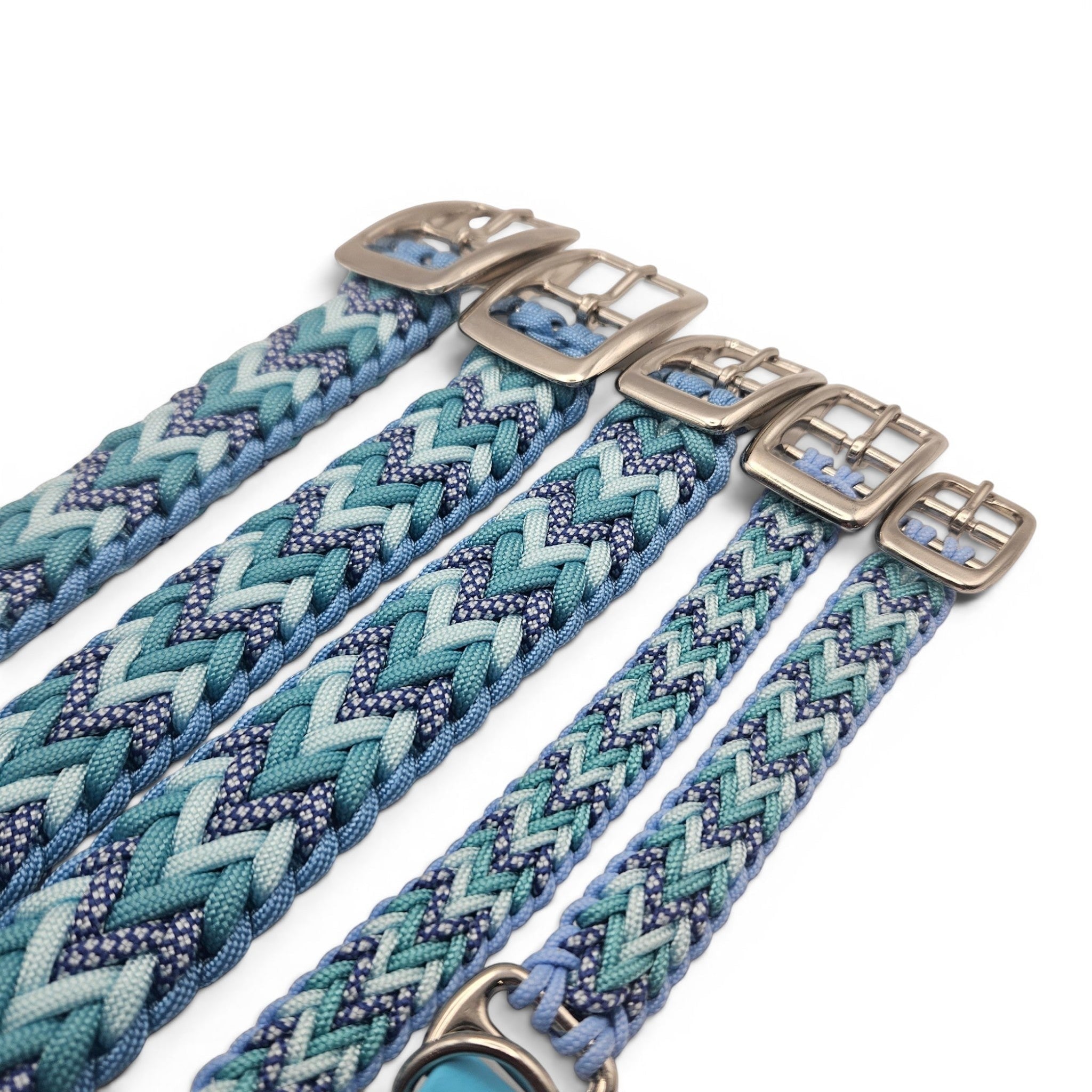 Ponies and Pups Wilmington handmade braided dog collar in blue and teal shades, made with BioThane and rope.