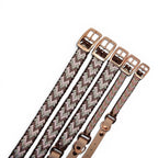 Ponies and Pups Wilmington handmade braided dog collar in brown, pink, and green with rose gold hardware.