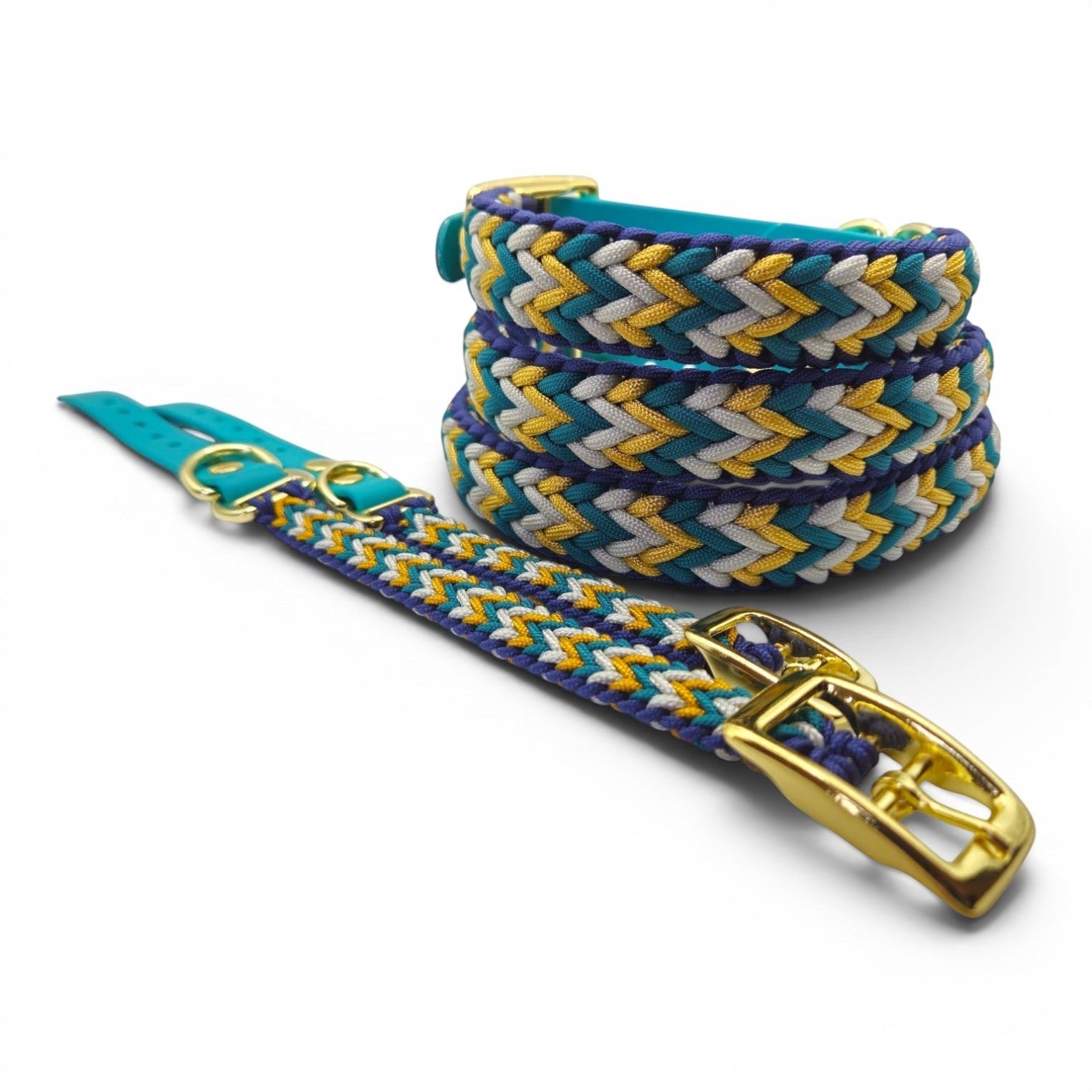 Ponies and Pups Wilmington handmade braided dog collar in teal, navy, yellow, and white. Weatherproof BioThane and rope.