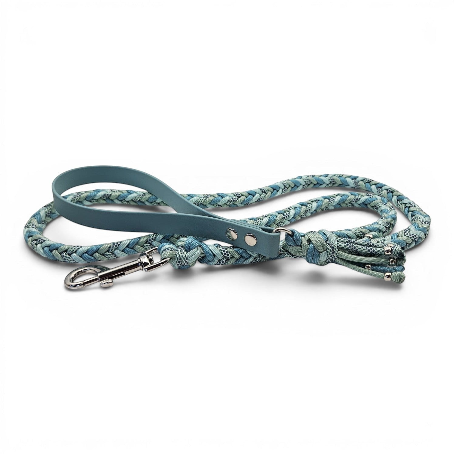 Ponies and Pups Wilmington braided dog lead in blue and green with a BioThane handle and metal snap hook.