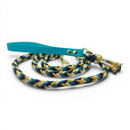 Ponies and Pups Wilmington dog lead with turquoise BioThane handle and braided rope in navy, yellow, and white.