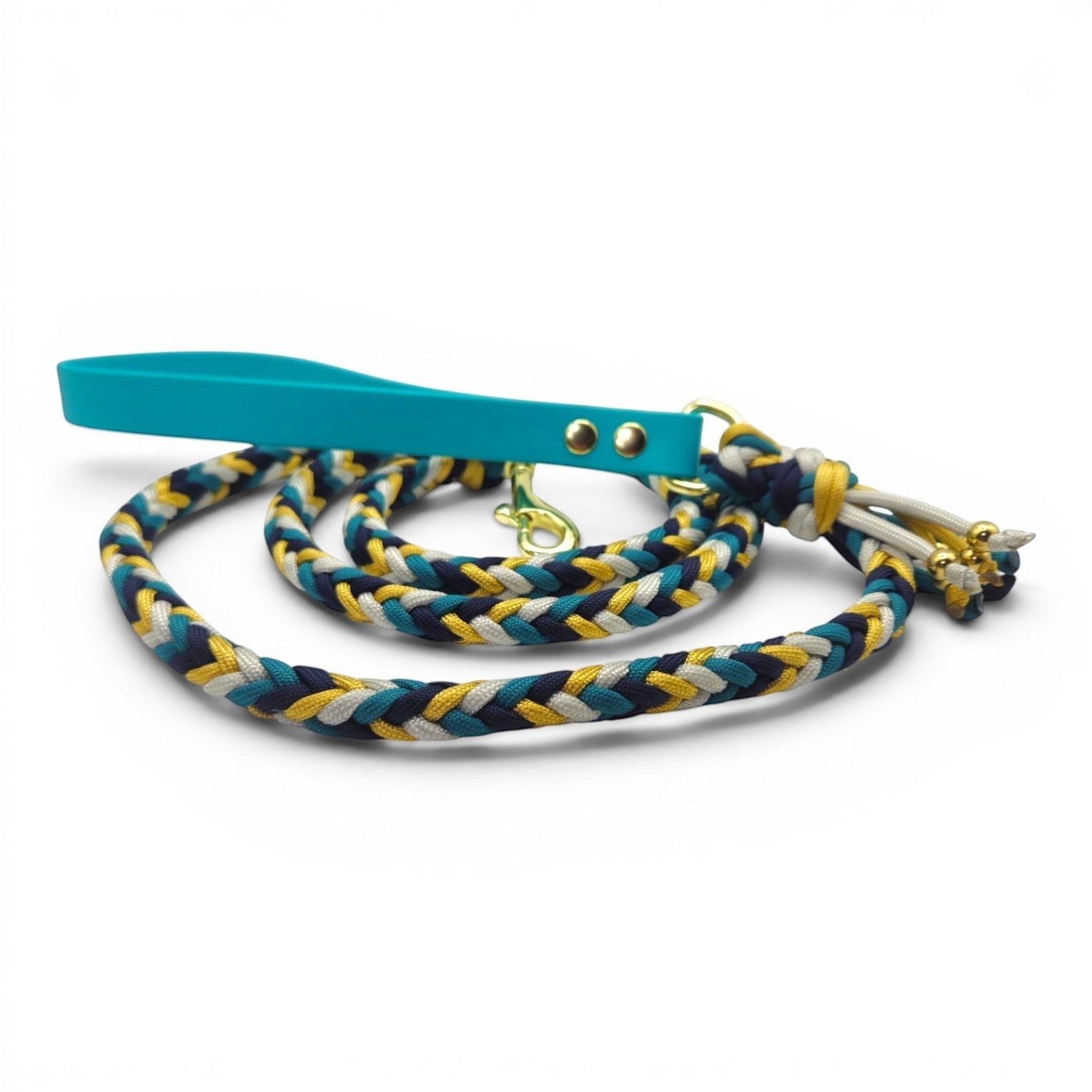 Ponies and Pups Wilmington dog lead with turquoise BioThane handle and braided rope in navy, yellow, and white.