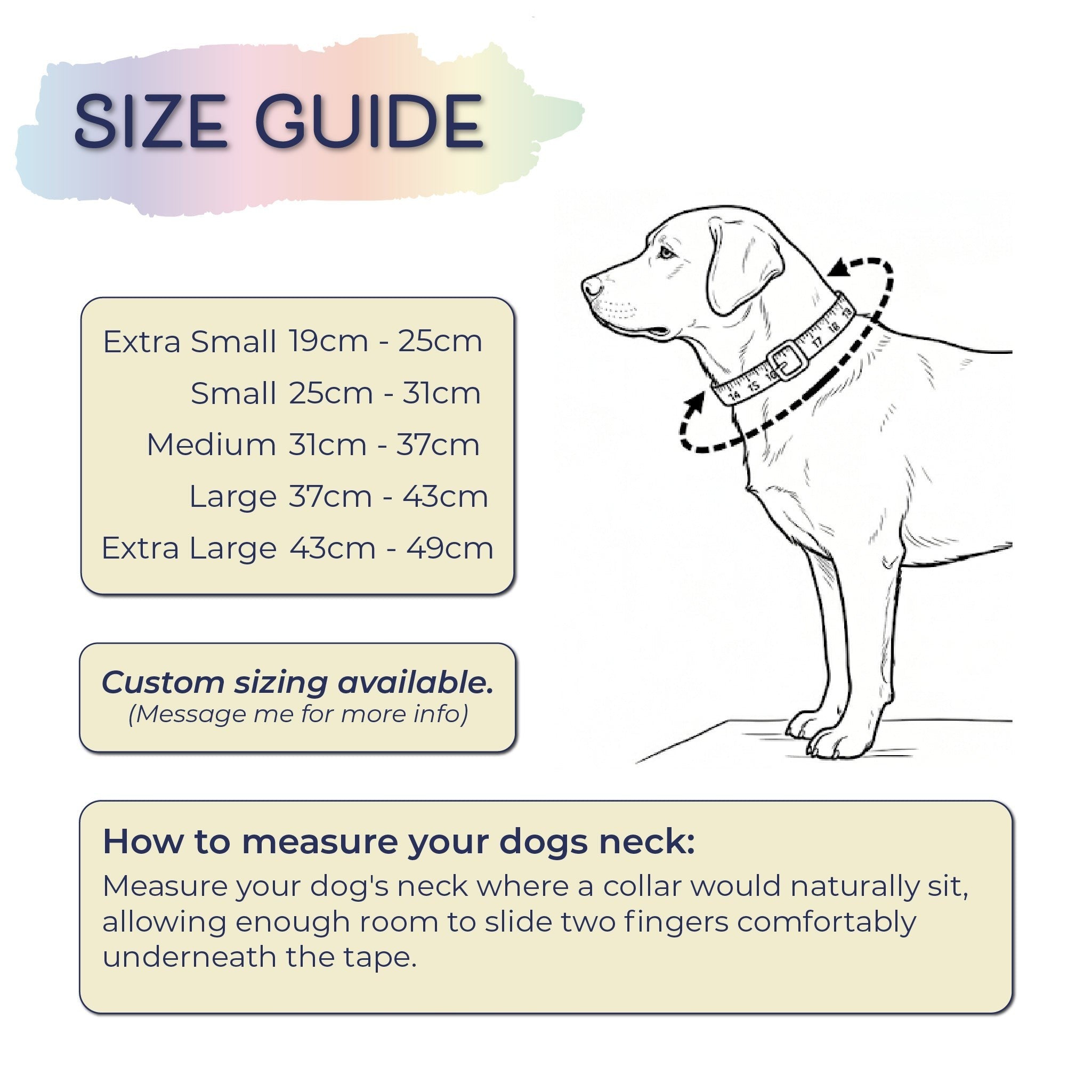 Ponies and Pups Wilmington dog collar size guide with measurements and instructions on how to measure your dog's neck.