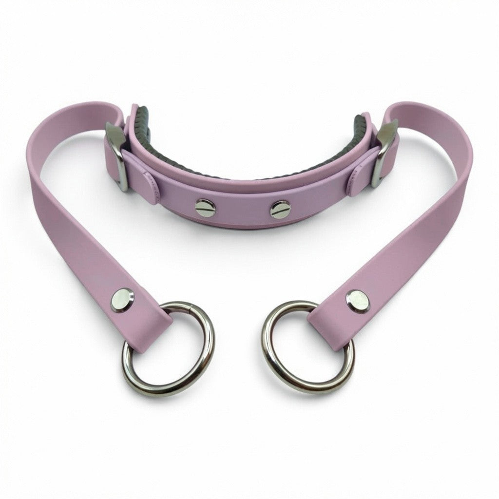 Rein Ready bitless headcollar adapter in Pastel Purple, handmade in the UK — a padded chin piece and two rein connectors that turn an everyday headcollar into a bitless bridle.