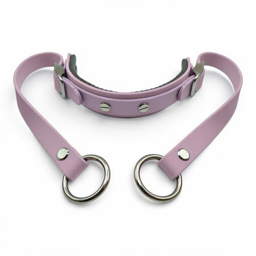 Rein Ready bitless headcollar adapter in pastel purple BioThane, with a padded grey Sympa-Nova chin and two rein connectors finished with O-rings.
