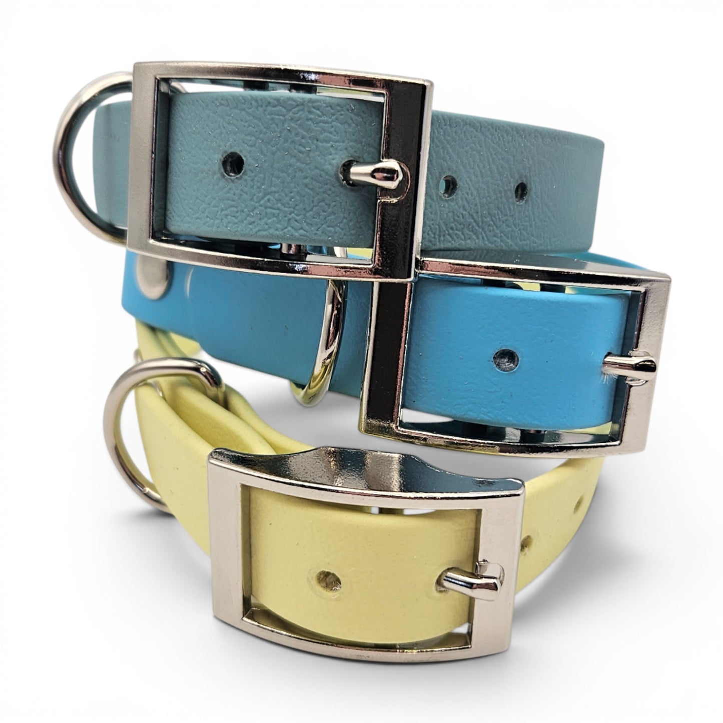 Two dog collars, one blue and one yellow, with silver buckles on a white background.