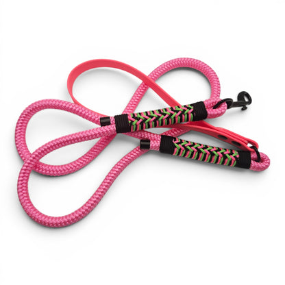 Pink dog leash with colorful handle on a white background